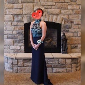 Navy Blue Two Piece Beaded Prom Dress